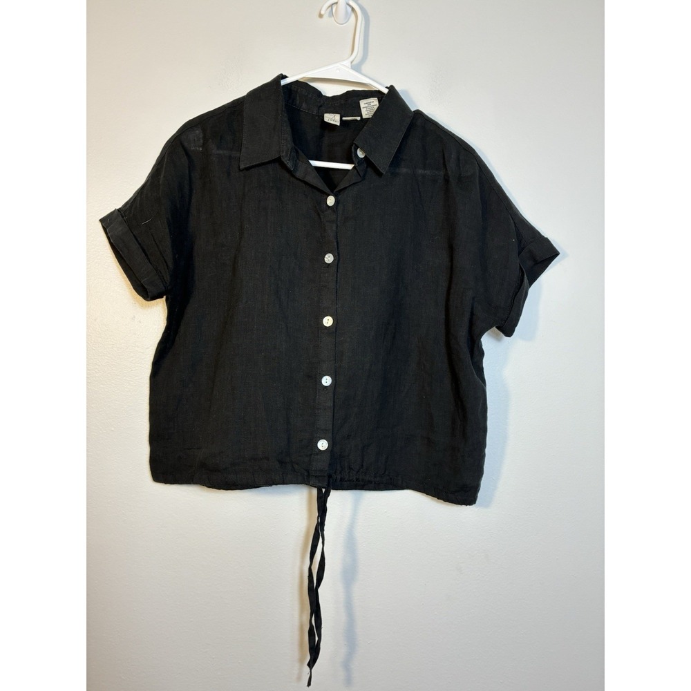 Joie Button Up 100% Linen Top Women's M Black Tie Waist Short Sleeve Coastal